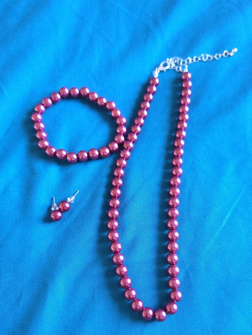 Classic Pink Pearl Necklace, Bracelet & Earrings Set